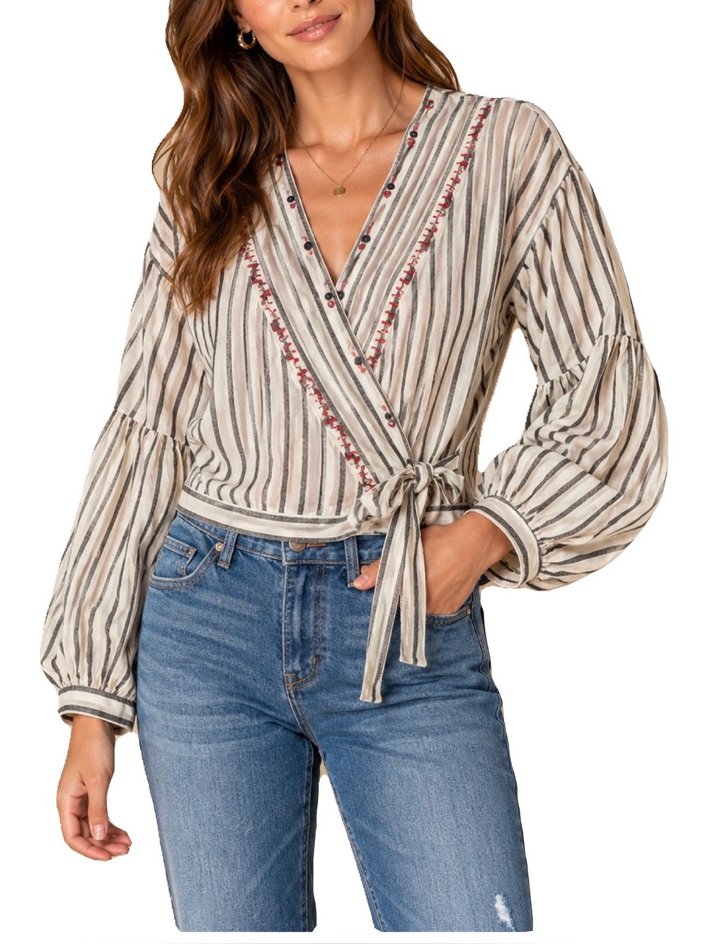 Altar’d State ivory & black striped wrap blouse